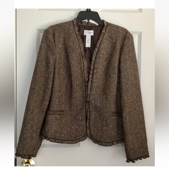 VILLAGER By LIZ CLAIBORNE Brown Blazer Jacket Women's Size 16 Open Front Ruffle - Picture 2 of 12